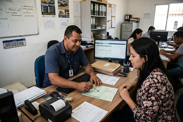 Despachante orientando cliente no processo de licenciamento de veículo.