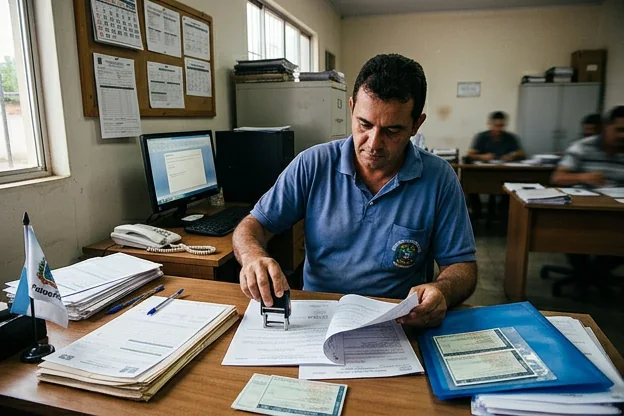 Despachante revisando documentação de veículos cuidadosamente.